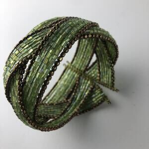 Beautiful Cuff Wrap Bracelet Gold Tone Green Beads 1 1/2" hand made in India